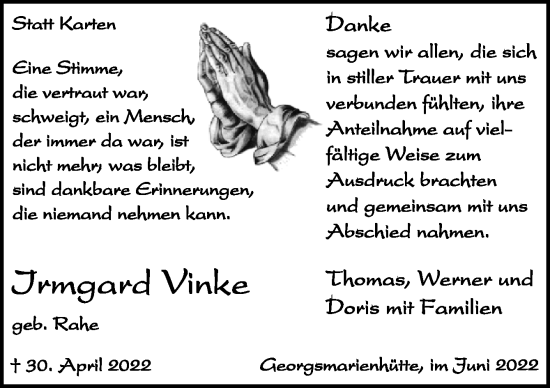 Traueranzeige von Irmgard Vinke von Neue Osnabrücker Zeitung GmbH & Co. KG