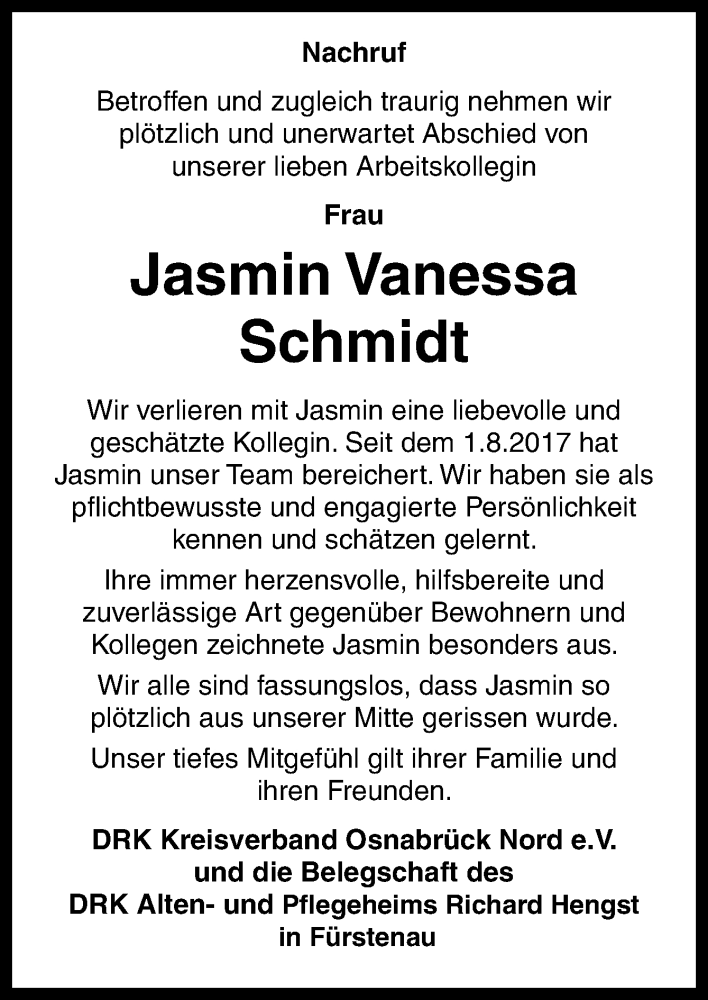  Traueranzeige für Jasmin Vanessa Schmidt vom 11.06.2022 aus Neue Osnabrücker Zeitung GmbH & Co. KG