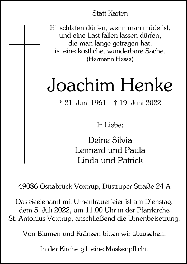  Traueranzeige für Joachim Henke vom 25.06.2022 aus Neue Osnabrücker Zeitung GmbH & Co. KG