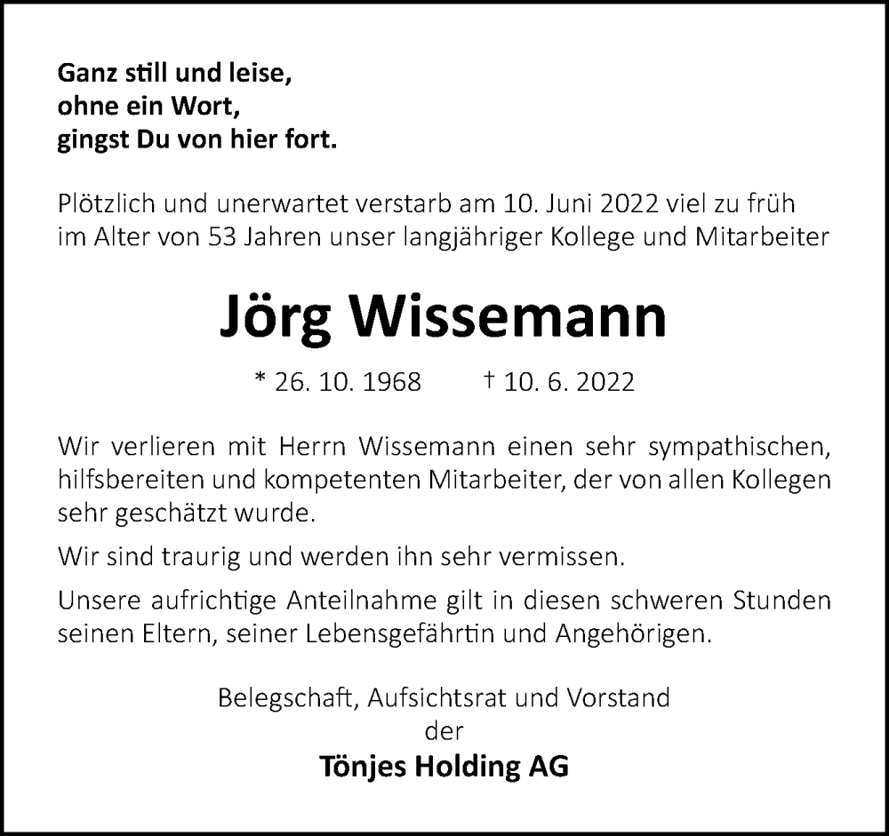  Traueranzeige für Jörg Wissemann vom 29.06.2022 aus DK Medien GmbH & Co. KG