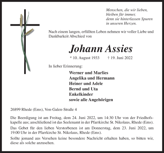 Traueranzeige von Johann Assies von Neue Osnabrücker Zeitung GmbH & Co. KG