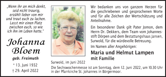 Traueranzeige von Johanna Bloem von Neue Osnabrücker Zeitung GmbH & Co. KG