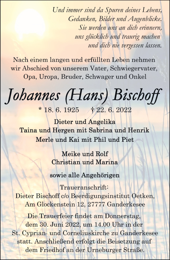 Traueranzeige von Johannes Bischoff von DK Medien GmbH &amp; Co. KG