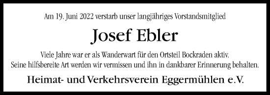 Traueranzeige von Josef Ebler von Neue Osnabrücker Zeitung GmbH & Co. KG