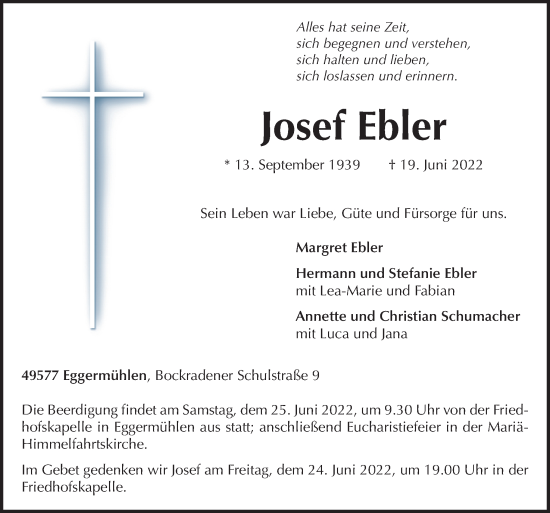 Traueranzeige von Josef Ebler von Neue Osnabrücker Zeitung GmbH & Co. KG