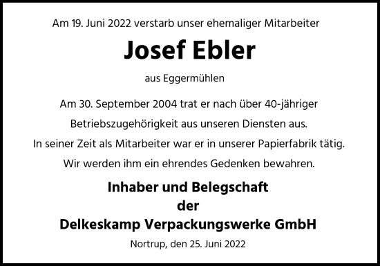 Traueranzeige von Josef Ebler von Neue Osnabrücker Zeitung GmbH & Co. KG