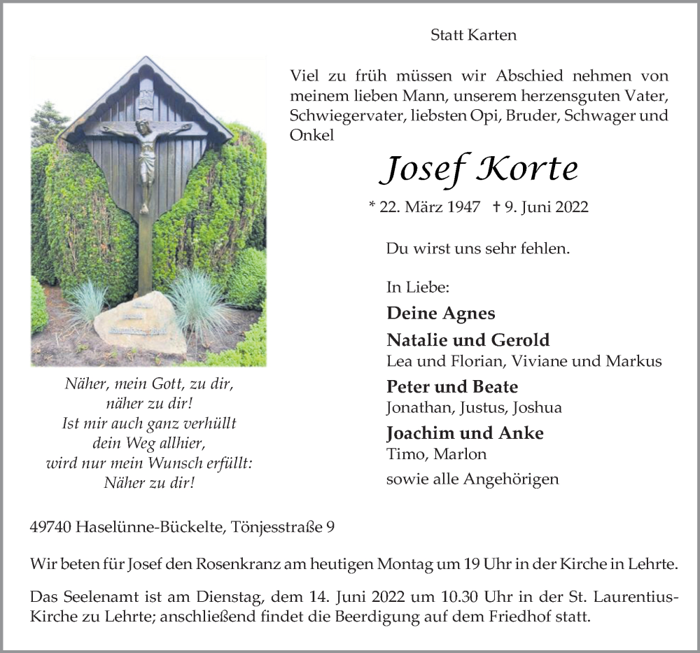  Traueranzeige für Josef Korte vom 13.06.2022 aus Neue Osnabrücker Zeitung GmbH & Co. KG
