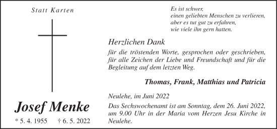 Traueranzeige von Josef Menke von Neue Osnabrücker Zeitung GmbH & Co. KG