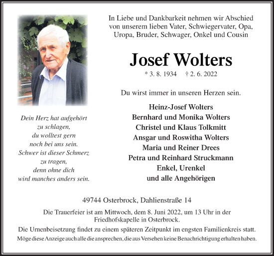 Traueranzeige von Josef Wolters von Neue Osnabrücker Zeitung GmbH & Co. KG