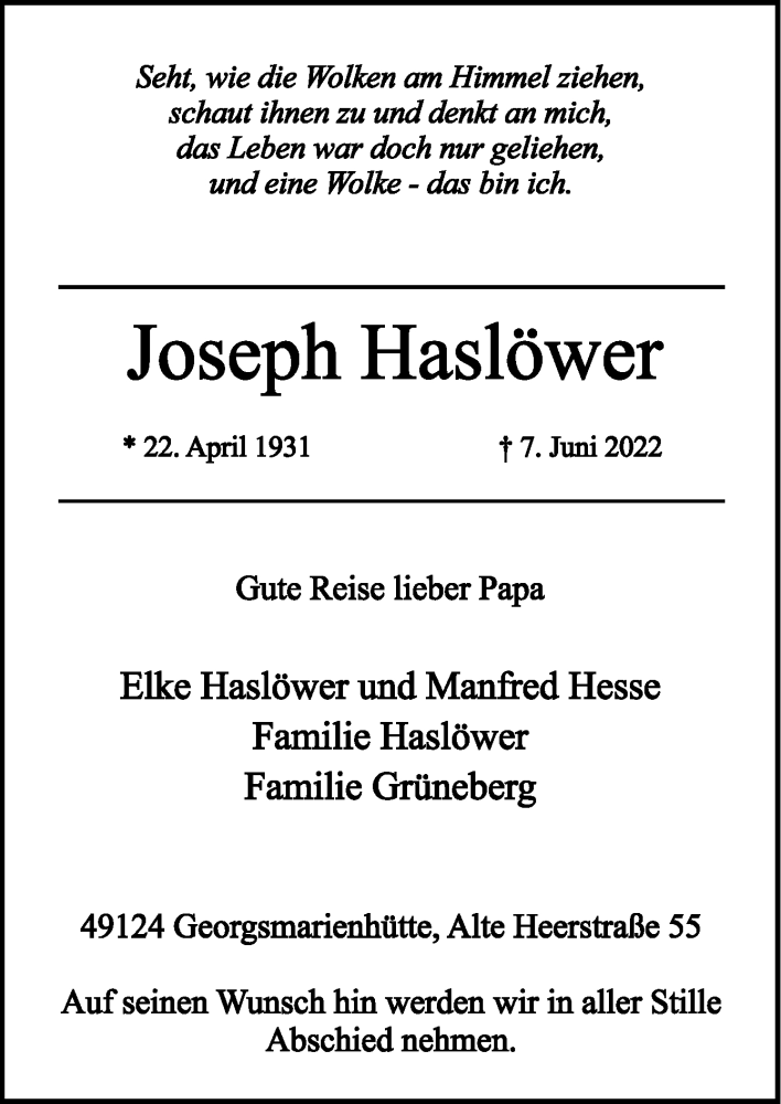  Traueranzeige für Joseph Haslöwer vom 11.06.2022 aus Neue Osnabrücker Zeitung GmbH & Co. KG
