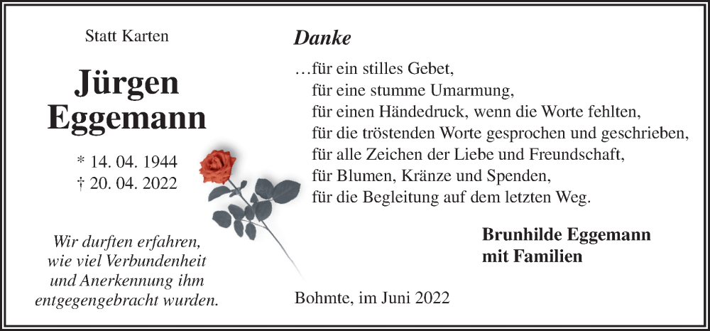  Traueranzeige für Jürgen Eggemann vom 04.06.2022 aus Neue Osnabrücker Zeitung GmbH & Co. KG