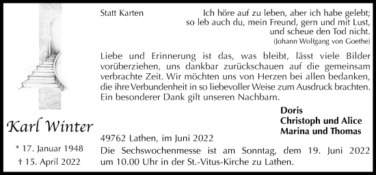 Traueranzeige von Karl Winter von Neue Osnabrücker Zeitung GmbH & Co. KG