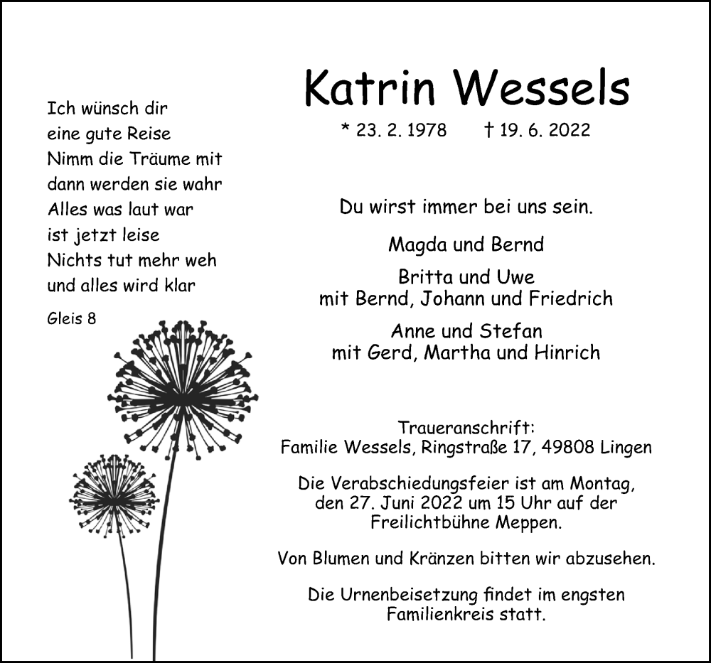  Traueranzeige für Katrin Wessels vom 24.06.2022 aus Neue Osnabrücker Zeitung GmbH & Co. KG