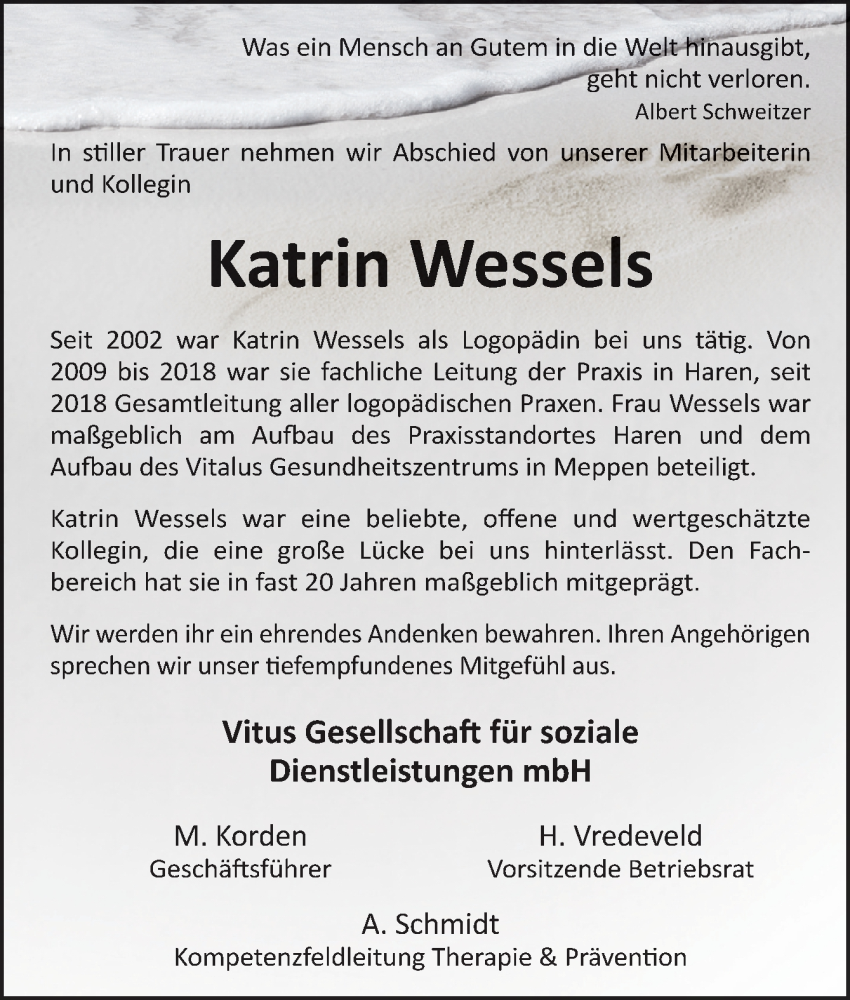  Traueranzeige für Katrin Wessels vom 28.06.2022 aus Neue Osnabrücker Zeitung GmbH & Co. KG