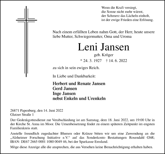 Traueranzeige von Leni Jansen von Neue Osnabrücker Zeitung GmbH & Co. KG
