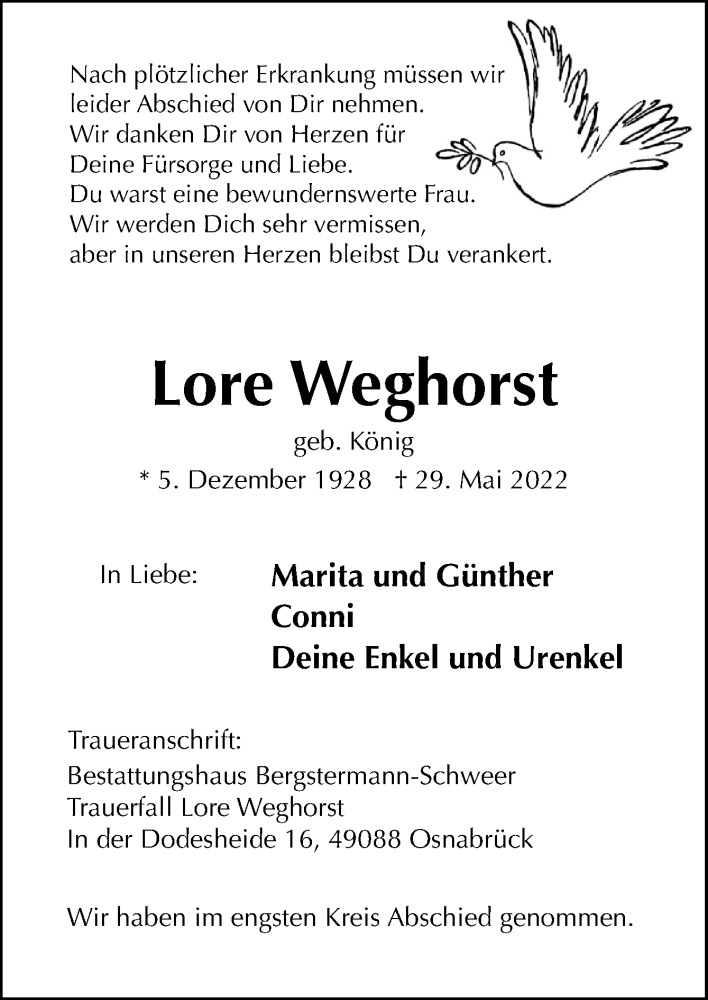  Traueranzeige für Lore Weghorst vom 25.06.2022 aus Neue Osnabrücker Zeitung GmbH & Co. KG