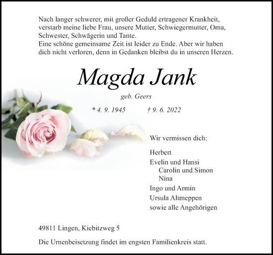 Traueranzeige von Magda Jank von Neue Osnabrücker Zeitung GmbH & Co. KG