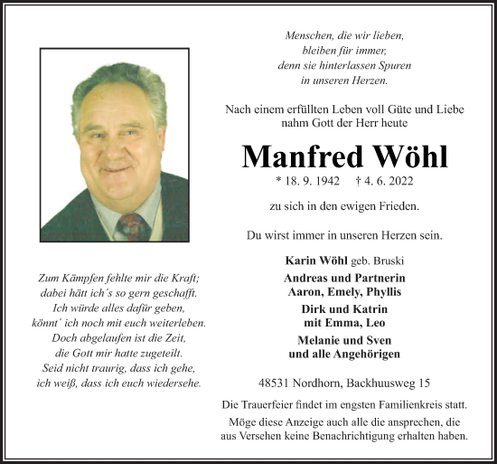 Traueranzeige von Manfred Wöhl von Neue Osnabrücker Zeitung GmbH & Co. KG