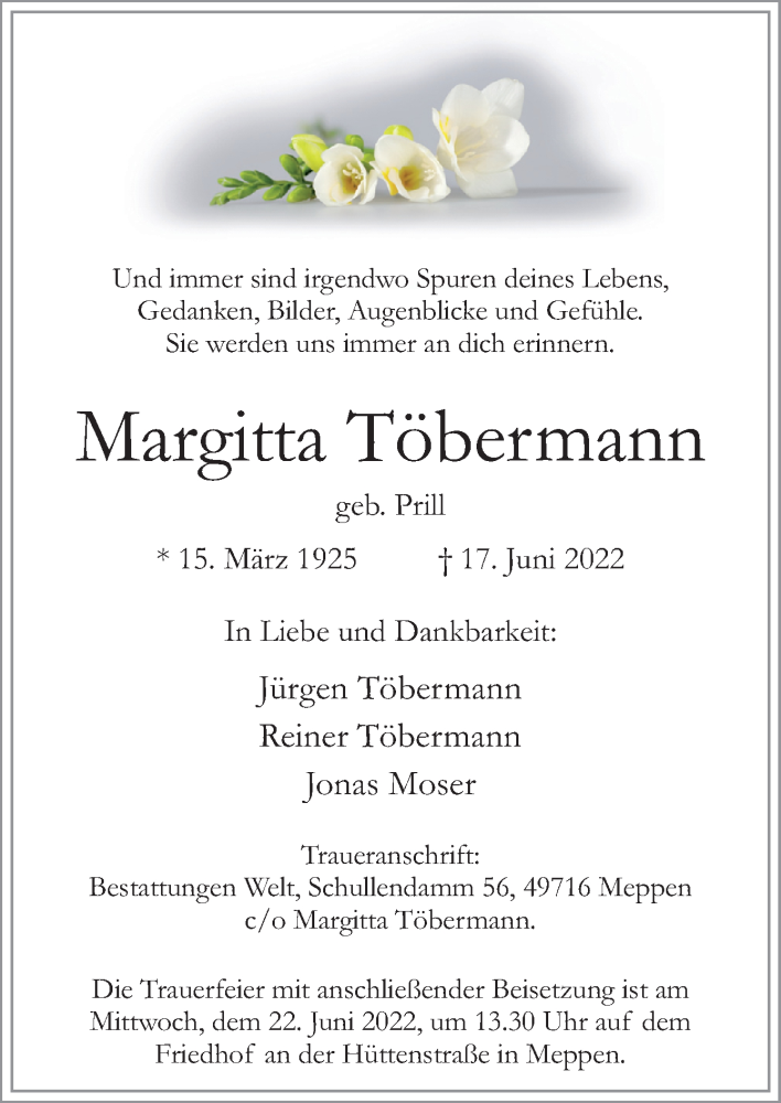  Traueranzeige für Margitta Töbermann vom 18.06.2022 aus Neue Osnabrücker Zeitung GmbH & Co. KG