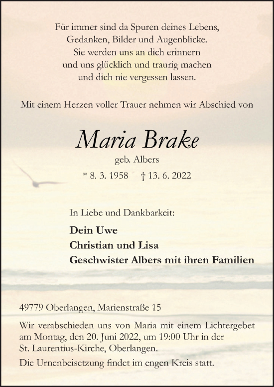 Traueranzeige von Maria Brake von Neue Osnabrücker Zeitung GmbH & Co. KG