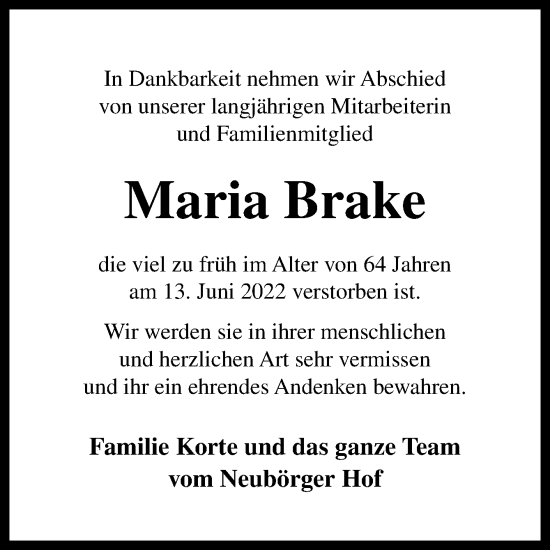 Traueranzeige von Maria Brake von Neue Osnabrücker Zeitung GmbH & Co. KG