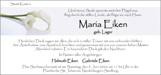Traueranzeige von Maria Eiken von Neue Osnabrücker Zeitung GmbH & Co. KG