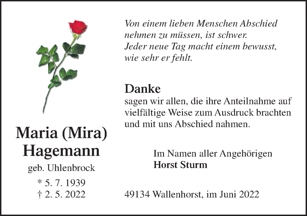  Traueranzeige für Maria Hagemann vom 04.06.2022 aus Neue Osnabrücker Zeitung GmbH & Co. KG