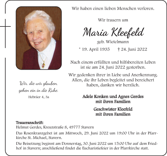 Traueranzeige von Maria Kleefeld von Neue Osnabrücker Zeitung GmbH & Co. KG