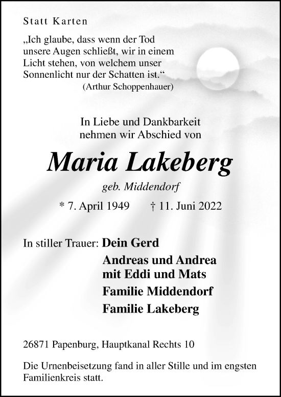 Traueranzeige von Maria Lakeberg von Neue Osnabrücker Zeitung GmbH & Co. KG