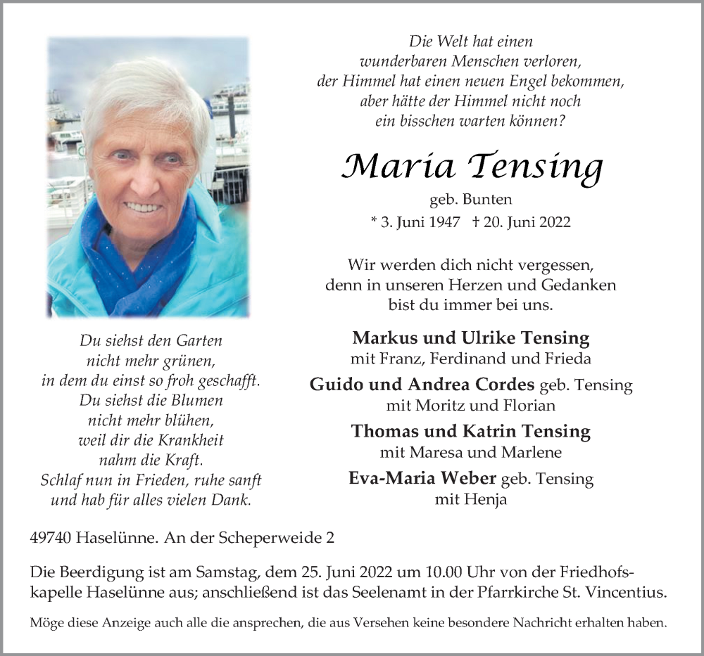  Traueranzeige für Maria Tensing vom 23.06.2022 aus Neue Osnabrücker Zeitung GmbH & Co. KG