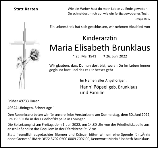 Traueranzeige von Maria Elisabeth Brunklaus von Neue Osnabrücker Zeitung GmbH & Co. KG