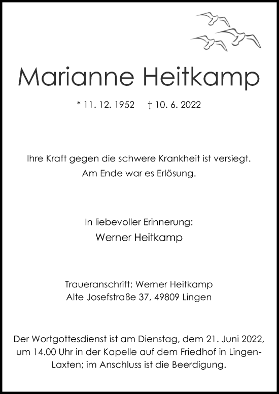Traueranzeige von Marianne Heitkamp von Neue Osnabrücker Zeitung GmbH & Co. KG