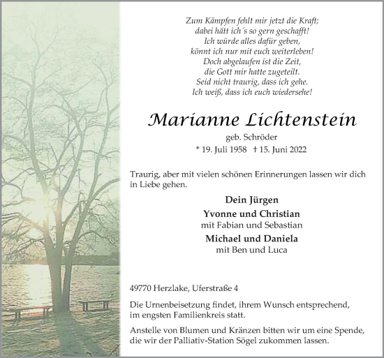 Traueranzeige von Marianne Lichtenstein von Neue Osnabrücker Zeitung GmbH & Co. KG