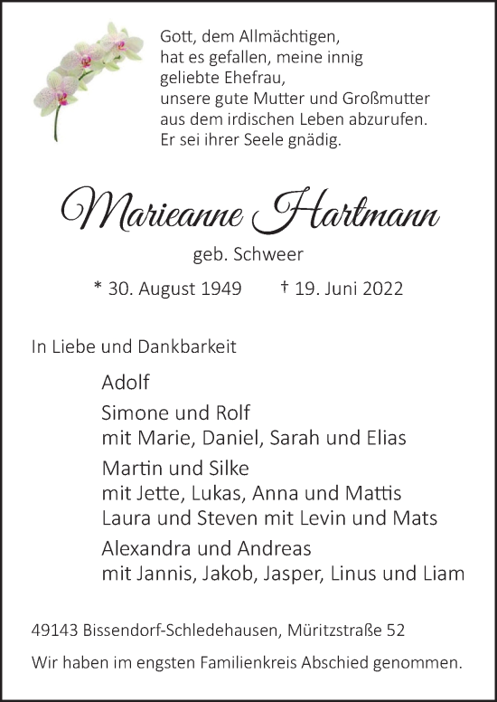 Traueranzeige von Marieanne Hartmann von Neue Osnabrücker Zeitung GmbH & Co. KG