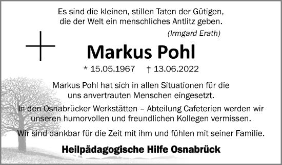 Traueranzeige von Markus Pohl von Neue Osnabrücker Zeitung GmbH & Co. KG