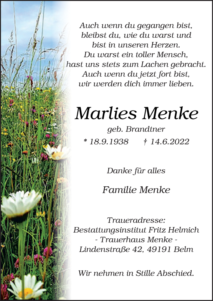  Traueranzeige für Marlies Menke vom 18.06.2022 aus Neue Osnabrücker Zeitung GmbH & Co. KG