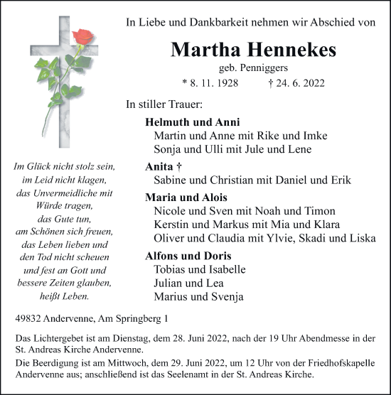 Traueranzeige von Martha Hennekes von Neue Osnabrücker Zeitung GmbH & Co. KG