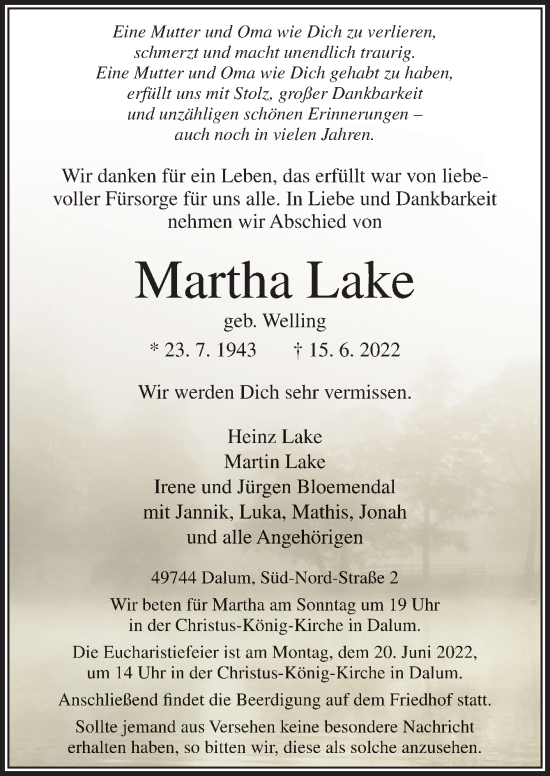 Traueranzeige von Martha Lake von Neue Osnabrücker Zeitung GmbH & Co. KG