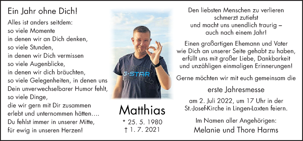  Traueranzeige für Matthias Harms vom 29.06.2022 aus Neue Osnabrücker Zeitung GmbH & Co. KG