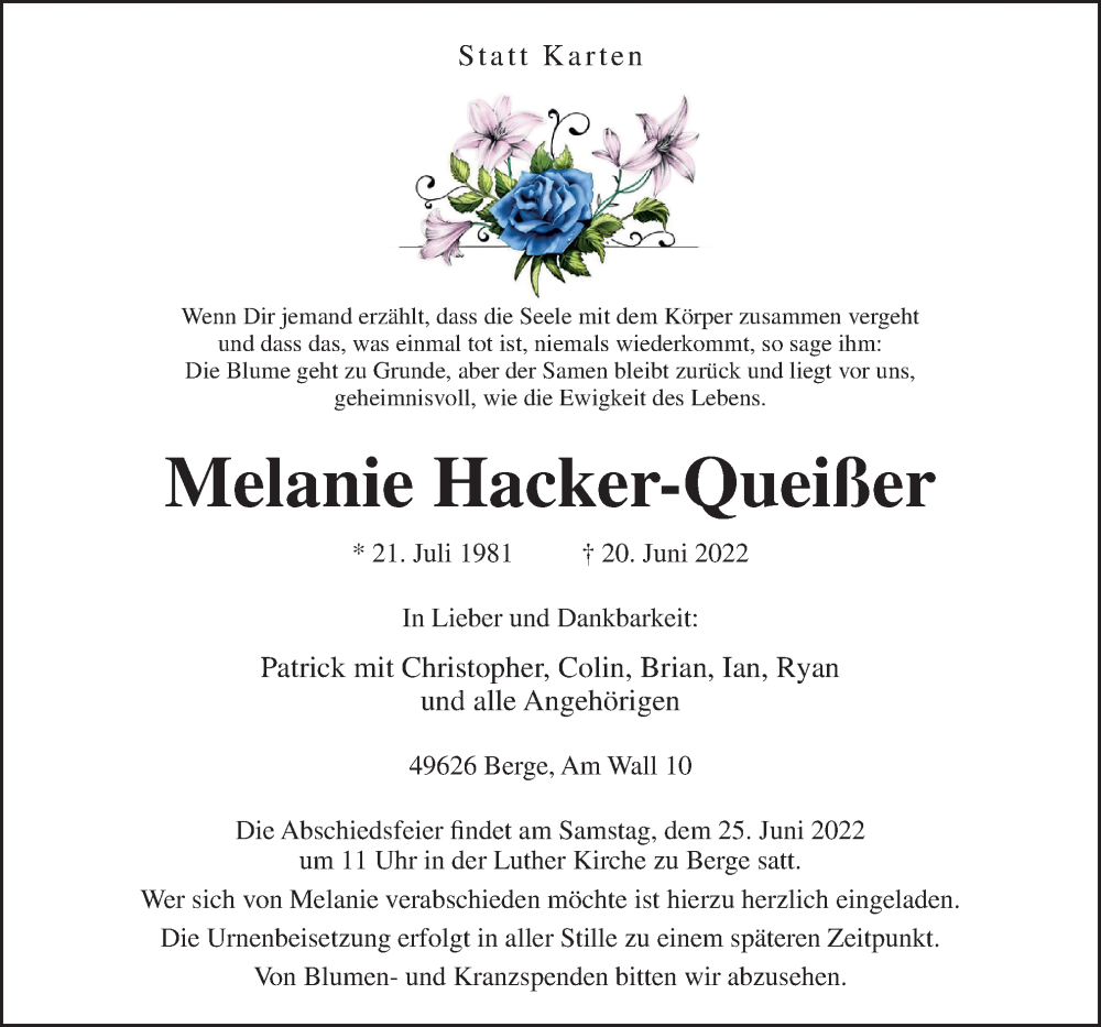  Traueranzeige für Melanie Hacker-Queißer vom 22.06.2022 aus Neue Osnabrücker Zeitung GmbH & Co. KG