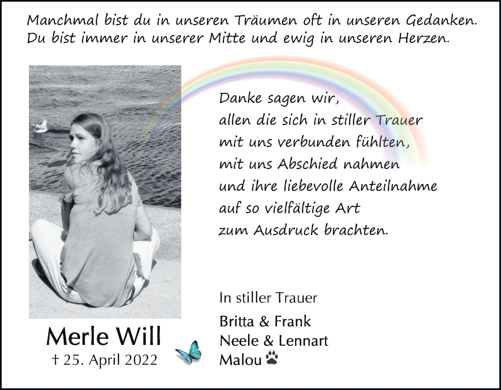  Traueranzeige für Merle Will vom 11.06.2022 aus DK Medien GmbH & Co. KG