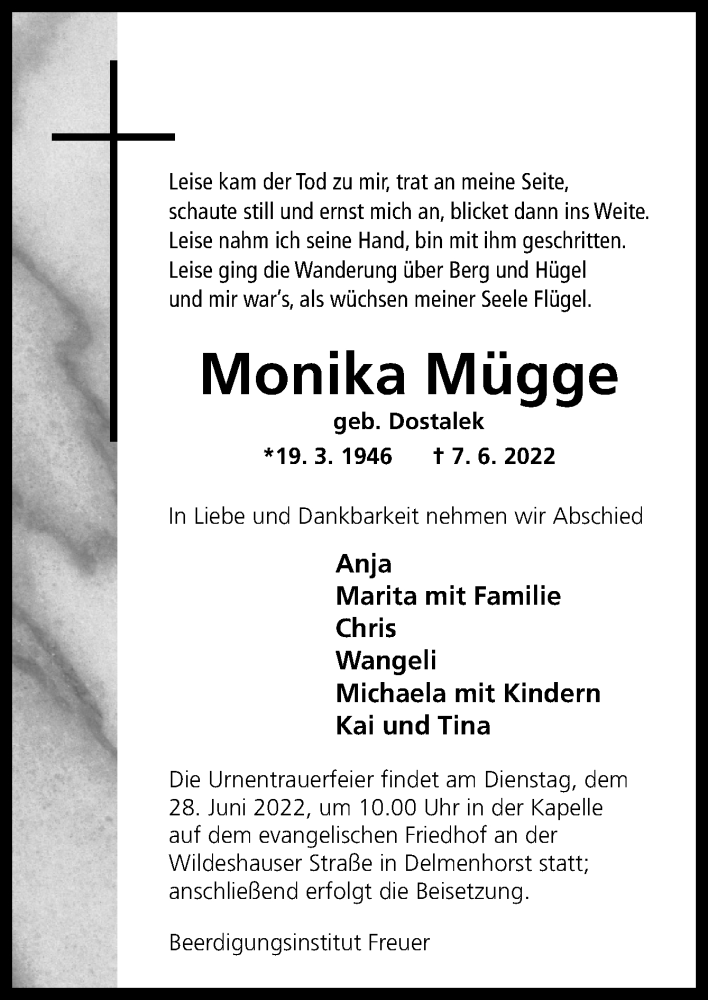  Traueranzeige für Monika Mügge vom 14.06.2022 aus DK Medien GmbH & Co. KG