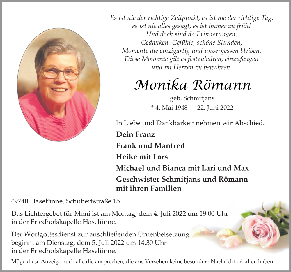  Traueranzeige für Monika Römann vom 29.06.2022 aus Neue Osnabrücker Zeitung GmbH & Co. KG