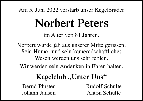 Traueranzeige von Norbert Peters von Neue Osnabrücker Zeitung GmbH & Co. KG