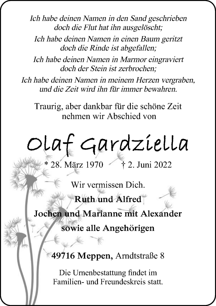  Traueranzeige für Olaf Gardziella vom 11.06.2022 aus Neue Osnabrücker Zeitung GmbH & Co. KG