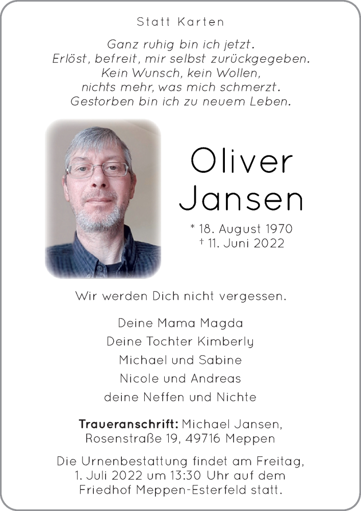  Traueranzeige für Oliver Jansen vom 24.06.2022 aus Neue Osnabrücker Zeitung GmbH & Co. KG