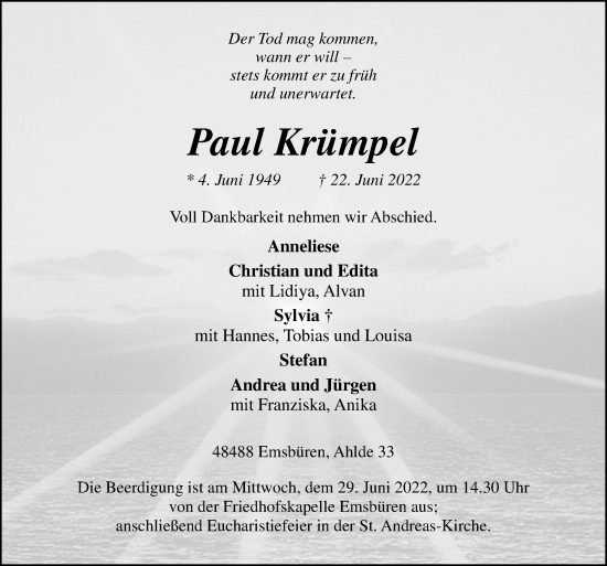 Traueranzeige von Paul Krümpel von Neue Osnabrücker Zeitung GmbH &amp; Co. KG