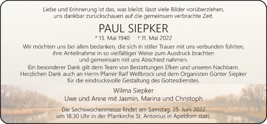 Traueranzeige von Paul Siepker von Neue Osnabrücker Zeitung GmbH & Co. KG