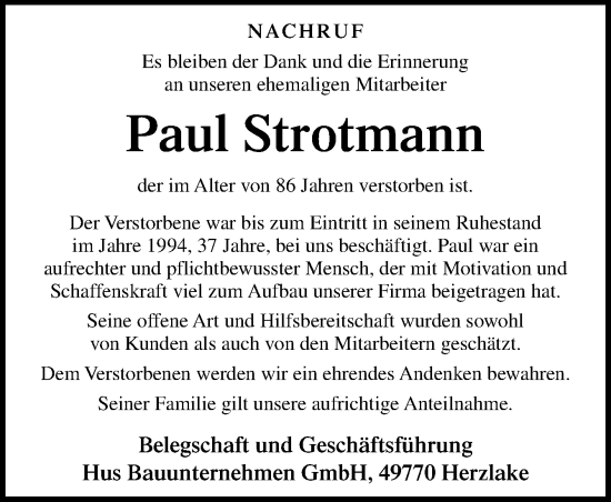 Traueranzeige von Paul Strotmann von Neue Osnabrücker Zeitung GmbH & Co. KG