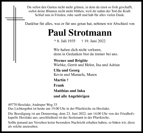 Traueranzeige von Paul Strotmann von Neue Osnabrücker Zeitung GmbH & Co. KG